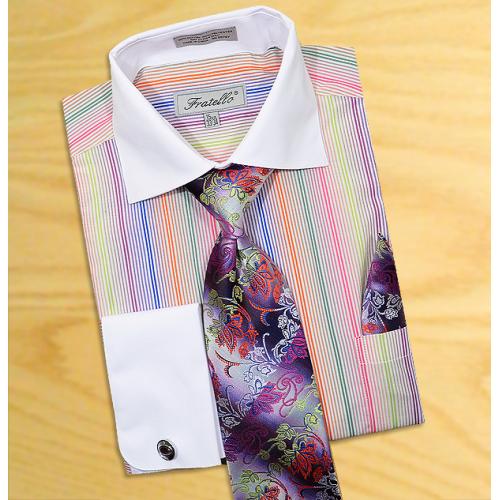 Fratello Rainbow Pinstripes Shirt / Tie / Hanky Set With Free Cufflinks FRV4122P2